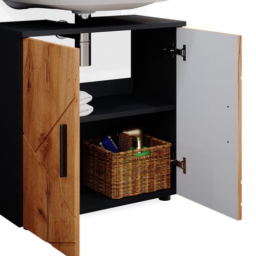 Meubles Bain Irma 36812 Chêne Doré/anthracite 4 Pièces, Avec Armoire Haute