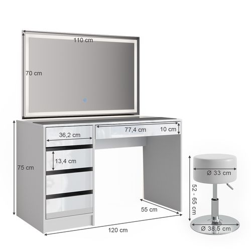 Coiffeuse Sherry 36836 Blanc 120cm Avec Miroir LED Et Tabouret