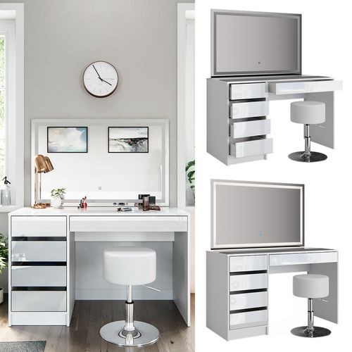 Coiffeuse Sherry 36836 Blanc 120cm Avec Miroir LED Et Tabouret