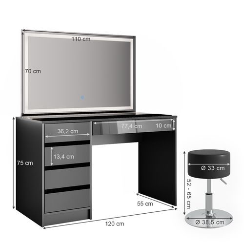 Coiffeuse Sherry 36840 Anthracite 120cm Avec Miroir LED Et Tabouret