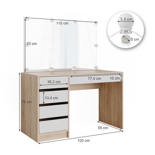 Coiffeuse Sherry 36884 Blanc/sonoma 120cm Avec Éclairage LED
