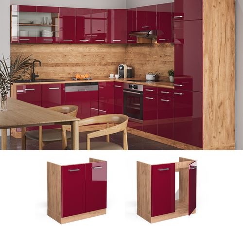 Meuble Bas Sous-évier R-line 37138 Rouge Brillant 80cm Sans Pt
