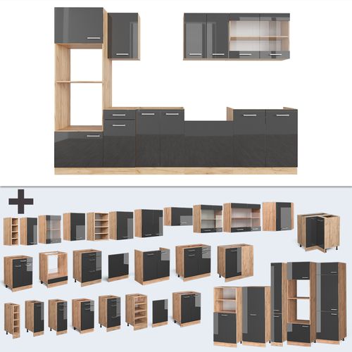 Cuisine R-line 37158 Anthracite Brillant/chêne Doré 300cm Avec Armoire Haute, Sans Pt