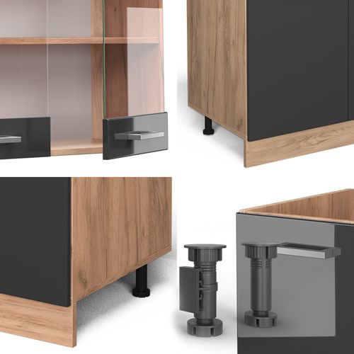 Cuisine R-line 37158 Anthracite Brillant/chêne Doré 300cm Avec Armoire Haute, Sans Pt