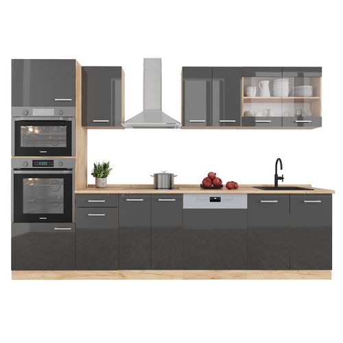 Cuisine R-line 37158 Anthracite Brillant/chêne Doré 300cm Avec Armoire Haute, Sans Pt