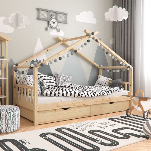 Lit Cabane Design, Marron, 90x200 Cm Avec 2 Tiroirs