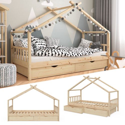 Lit Cabane Design, Marron, 90x200 Cm Avec 2 Tiroirs
