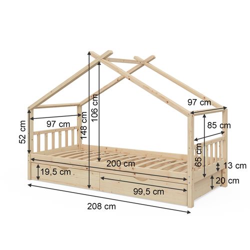 Lit Cabane Design, Marron, 90x200 Cm Avec 2 Tiroirs