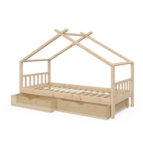 Lit Cabane Design, Marron, 90x200 Cm Avec 2 Tiroirs