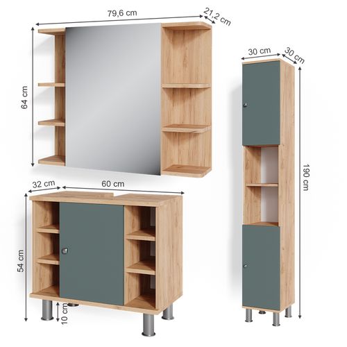 Meubles Bain Fynn 37325 Vert 3 Pièces, Avec Armoire Haute