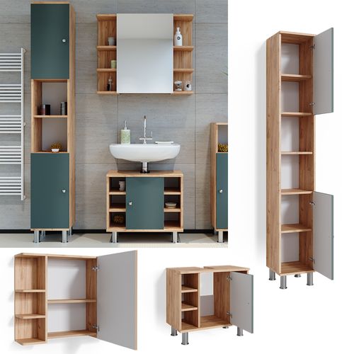 Meubles Bain Fynn 37325 Vert 3 Pièces, Avec Armoire Haute
