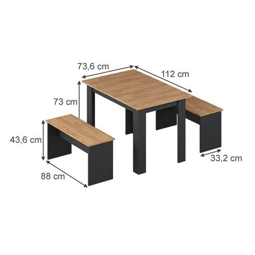 Ensemble De Table à Manger Sentio 37270 Anthracite/chêne Doré 112x73.6cm Avec 2 Bancs
