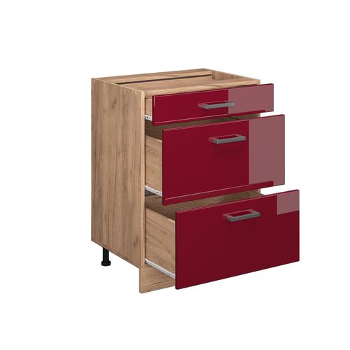 Meuble Cuisine R-line 37475 Rouge Brillant 60cm Avec Tiroirs, Sans Pt