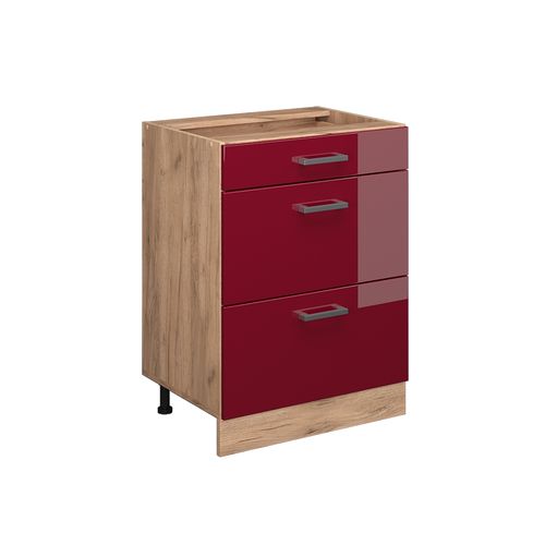 Meuble Cuisine R-line 37475 Rouge Brillant 60cm Avec Tiroirs, Sans Pt