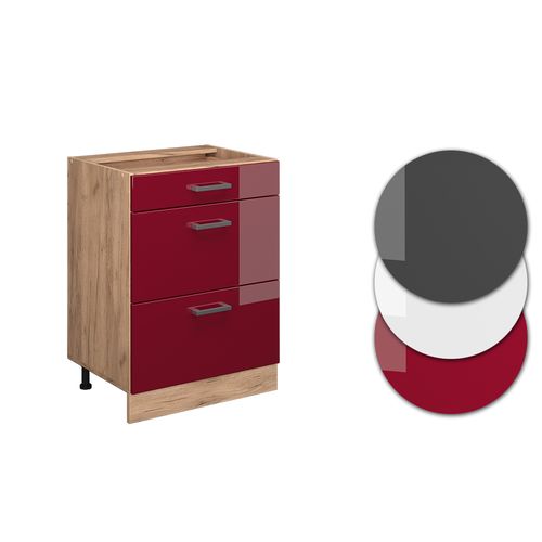 Meuble Cuisine R-line 37475 Rouge Brillant 60cm Avec Tiroirs, Sans Pt