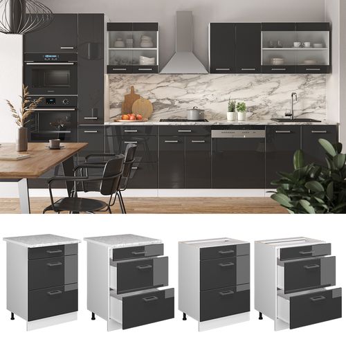 Meuble Cuisine R-line 37719 Anthracite Haute Brillance 60cm Avec Tiroirs, Pt Marbre