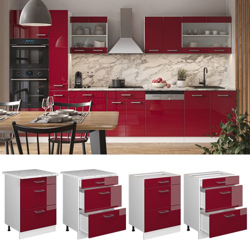 Meuble Cuisine R-line 37720 Rouge Brillant 60cm Avec Tiroirs, Sans Pt