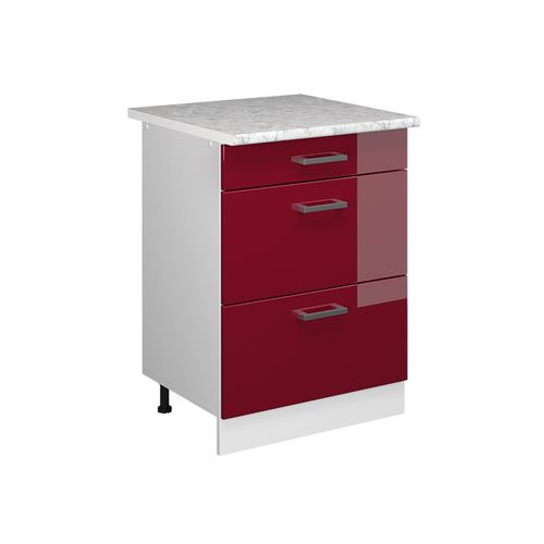 Meuble Cuisine R-line 37721 Rouge Brillant 60cm Avec Tiroirs, Pt Marbre