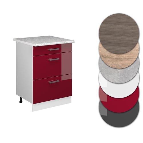 Meuble Cuisine R-line 37721 Rouge Brillant 60cm Avec Tiroirs, Pt Marbre