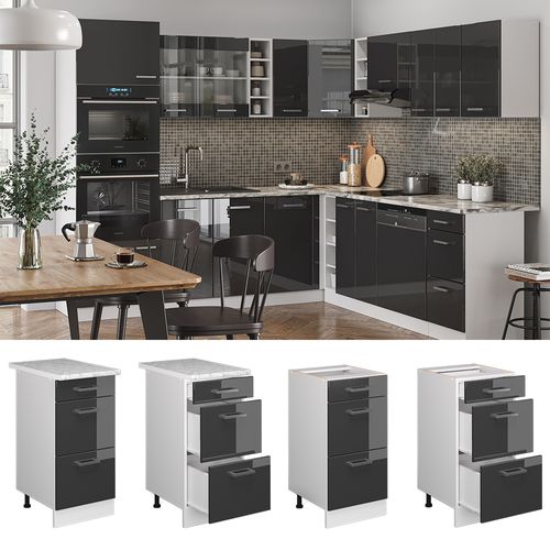 Meuble Cuisine R-line 37732 Anthracite Haute Brillance 40cm Avec Tiroirs, Pt Marbre