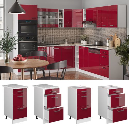 Meuble Cuisine R-line 37733 Rouge Brillant 40cm Avec Tiroirs, Sans Pt