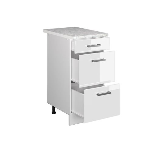 Meuble Cuisine R-line 37744 Blanc Haute Brillance 40cm Avec Tiroirs, Pt Marbre