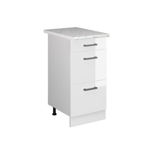 Meuble Cuisine R-line 37744 Blanc Haute Brillance 40cm Avec Tiroirs, Pt Marbre