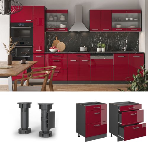 Meuble Cuisine R-line 37819 Rouge Brillant 60cm Avec Tiroirs, Sans Pt
