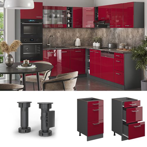 Meuble Cuisine R-line 37823 Rouge Brillant 40cm Avec Tiroirs, Sans Pt