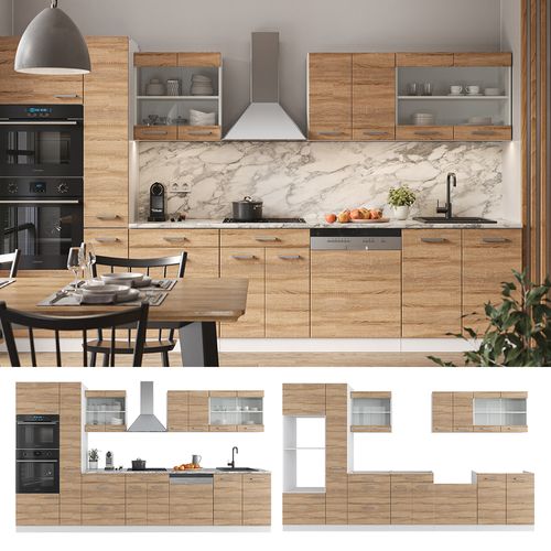 Ligne De Cuisine R-line 37646 Sonoma/blanc 350cm Avec Armoire Haute, Pt Marbre