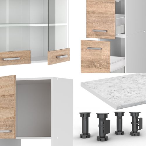 Ligne De Cuisine R-line 37646 Sonoma/blanc 350cm Avec Armoire Haute, Pt Marbre