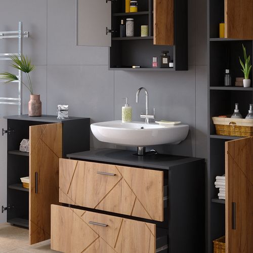 Meubles Bain Irma 38063 Chêne Doré/anthracite 4 Pièces, Avec Armoire à Tiroirs Et Armoire Centrale