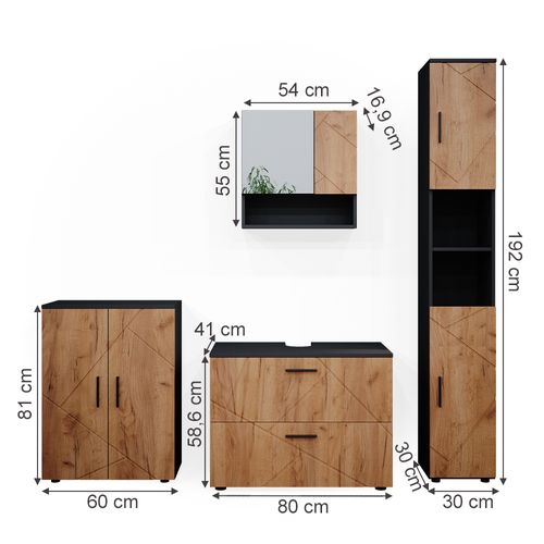 Meubles Bain Irma 38063 Chêne Doré/anthracite 4 Pièces, Avec Armoire à Tiroirs Et Armoire Centrale
