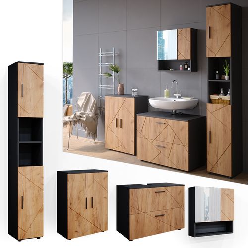 Meubles Bain Irma 38063 Chêne Doré/anthracite 4 Pièces, Avec Armoire à Tiroirs Et Armoire Centrale