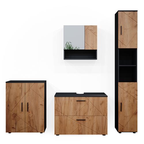 Meubles Bain Irma 38063 Chêne Doré/anthracite 4 Pièces, Avec Armoire à Tiroirs Et Armoire Centrale