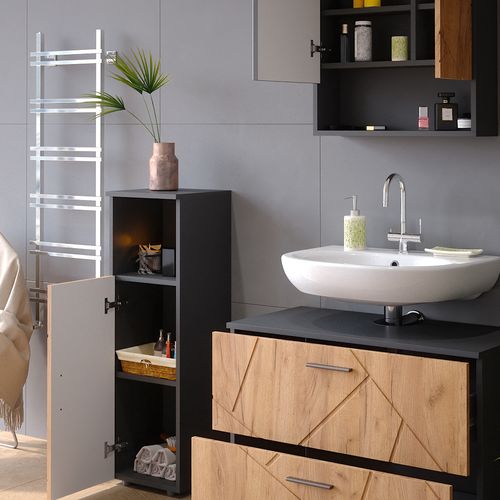 Meubles Bain Irma 38064 Chêne Doré/anthracite 3 Pièces, Avec Armoire Centrale