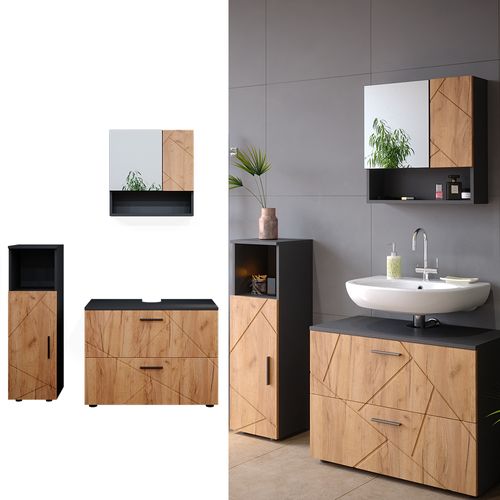 Meubles Bain Irma 38064 Chêne Doré/anthracite 3 Pièces, Avec Armoire Centrale