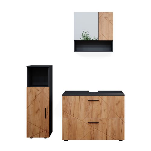 Meubles Bain Irma 38064 Chêne Doré/anthracite 3 Pièces, Avec Armoire Centrale