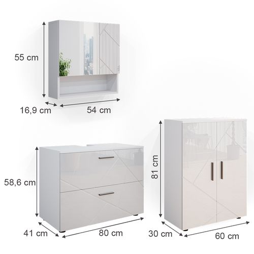 Meubles Bain Irma 38067 Blanc Haute Brillance 3 Pièces, Avec Armoire Basse 80 Cm
