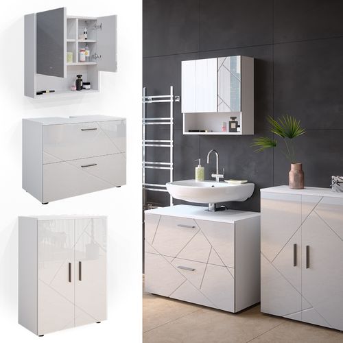Meubles Bain Irma 38067 Blanc Haute Brillance 3 Pièces, Avec Armoire Basse 80 Cm