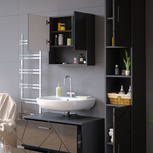 Meubles Bain Irma 38074 Anthracite Haute Brillance 3 Pièces, Avec Armoire à Tiroirs Et Armoire Haute