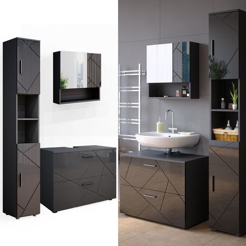 Meubles Bain Irma 38074 Anthracite Haute Brillance 3 Pièces, Avec Armoire à Tiroirs Et Armoire Haute