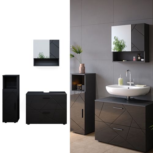 Meubles Bain Irma 38076 Anthracite Haute Brillance 3 Pièces, Avec Armoire Centrale