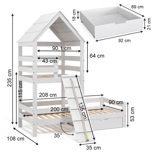 Lit Cabane Teddy 38117 Blanc 90x200 Cm Avec Tiroir