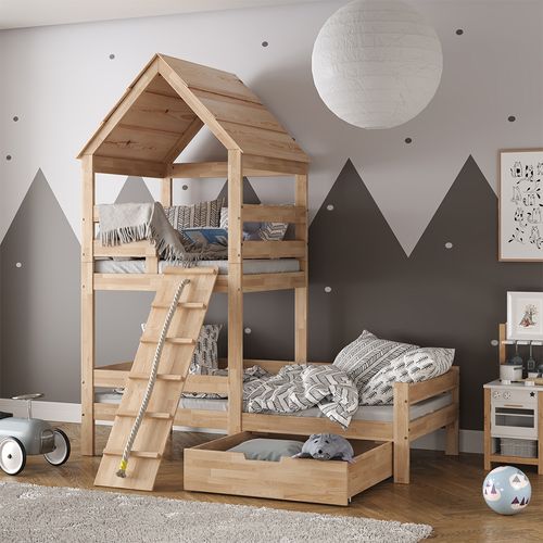 Lit Cabane Teddy 38120 Naturel Bois 90x200 Cm Avec Tiroir