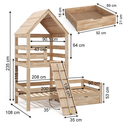 Lit Cabane Teddy 38120 Naturel Bois 90x200 Cm Avec Tiroir
