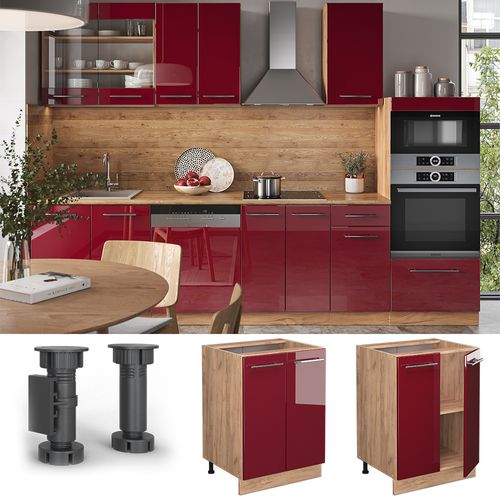 Meuble Bas De Cuisine Fame-line 38326 Rouge Bordeaux Haute Brillance 60cm Sans Pt