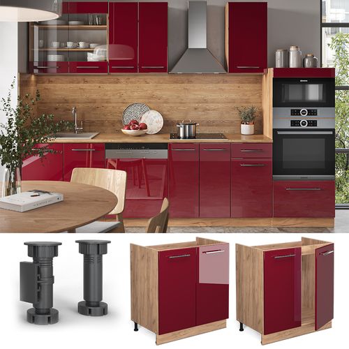 Meuble Bas Sous-évier Fame-line 38341 Rouge Bordeaux Haute Brillance 80cm Sans Pt