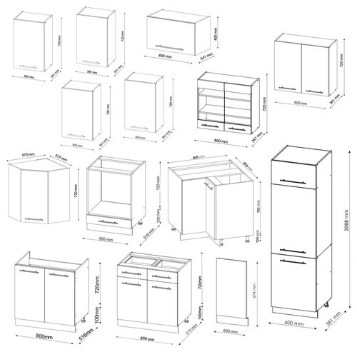 Cuisine En Angle Fame-line 38644 Anthracite Brillant/chêne Doré 287x46cm Sans Pt