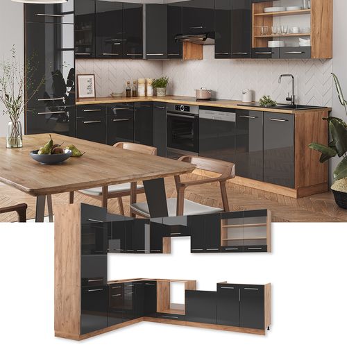 Cuisine En Angle Fame-line 38644 Anthracite Brillant/chêne Doré 287x46cm Sans Pt